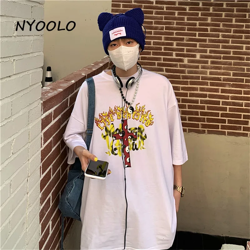 

NYOOLO Harajuku Streetwear Flame Cross Letters Print Oversized Short Sleeve Goth T-Sshirt Women Men Clothes Summer Hip Hop Tops