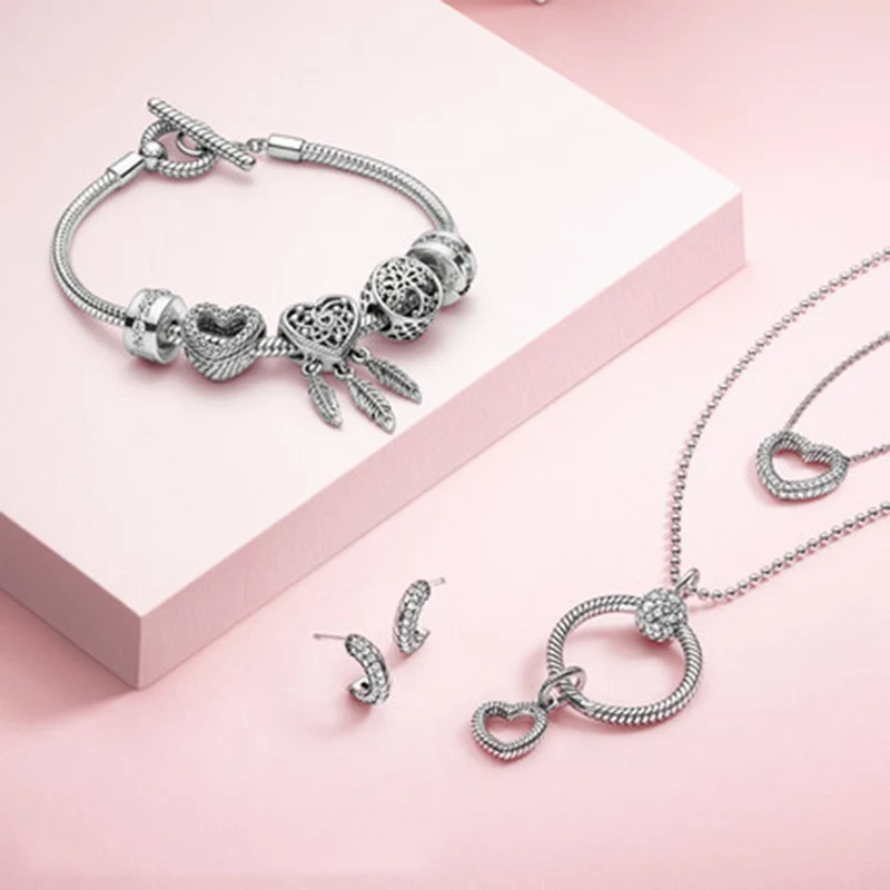 

2020 nuevo plata color calado corazn tres plumas atrapasueos granos del encanto Fit Original Pandora pulsera del encanto de la