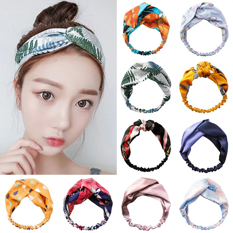 

MENGJIQIAO Women Hair Accessories Fashion Headband Fabric Cross Knotted Bow Chiffon Floral Hair Band Korea Headdress ladies Hoop