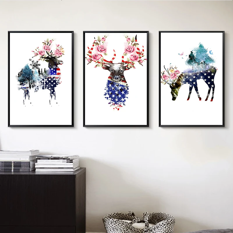 Плакаты на холсте с изображением цветов животных флага США оленя зебры жирафа