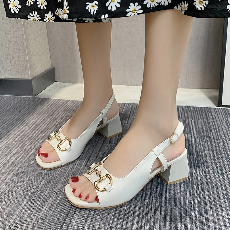 

Sandals Women Summer New Fashion Women's Sandals 2021 Metal Button Square Heel Open Toe Sandals Party Shoes Zapatillas Mujer