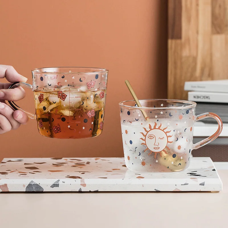 

500ml Creative Scale Glass Mug Breakfast Mlik Coffe Cup Household Couple Water Cup Sun Eye Pattern Drinkware