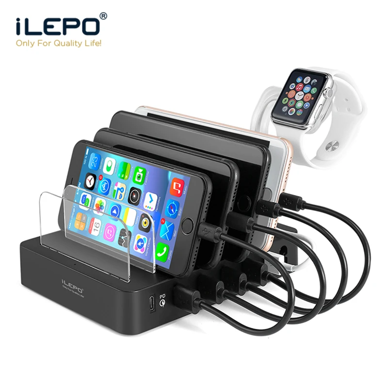 iLEPO Smart USB Charger Quick Charging Station 6 Port 2.4A Mobile Phone Tablets Multiple Devices Organizer Desktop Stand Power