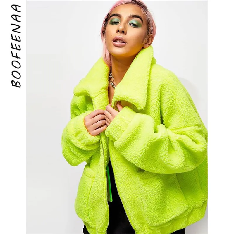 BOOFEENAA неон зеленый большой плюшевый пальто женская уличная молния карман шерсть