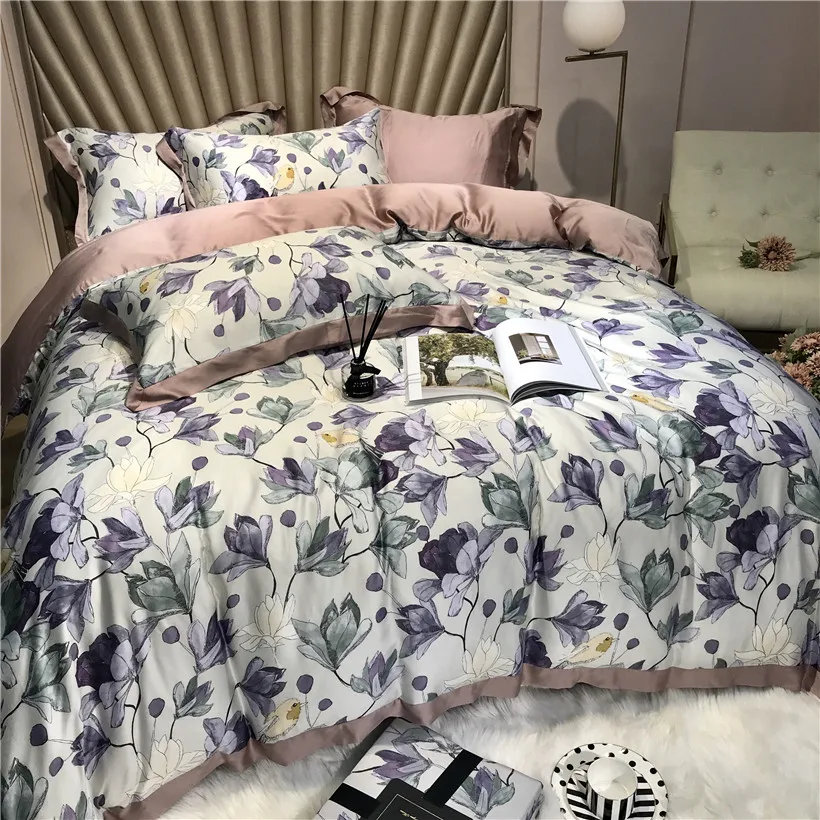 ?? Tencel Silk-花柄のベッドリネンセット,コンフォーターカバー,ソフトリネン,フラットベッド,フィットシート,ライト