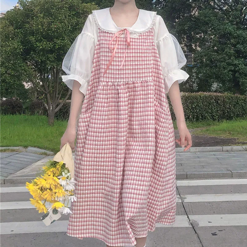

OLOMLB Lolita Sweet Women Suit Japanese Kawaii Loose Plaid Dress + Puff Sleeve Mesh Shirt Cute Bow Soft Girl Clothing for Female