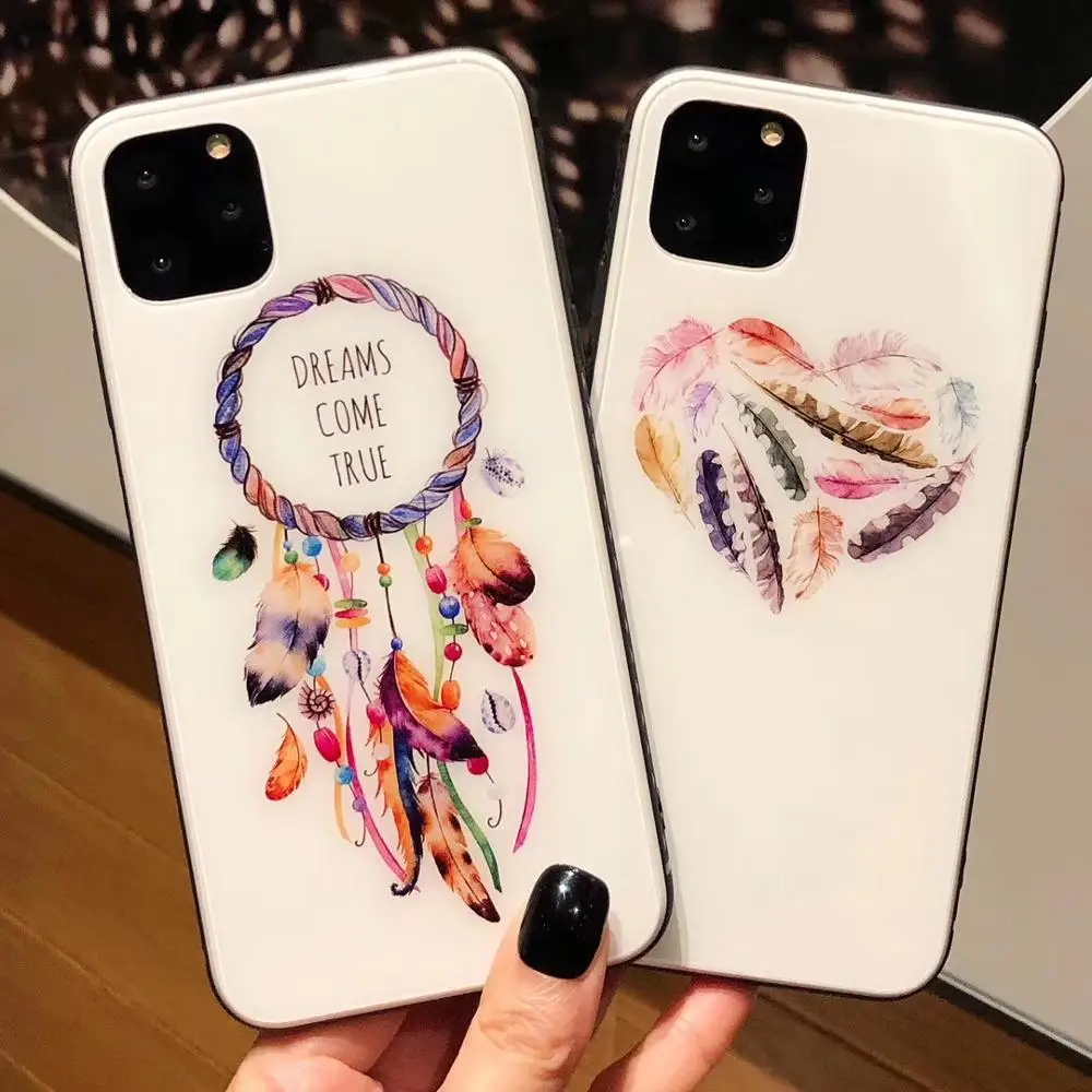 Роскошный красочный чехол из закаленного стекла для телефона для iphone 7 8 6 6s Plus XS Max XR X Ловец снов перо Глянцевая стеклянная крышка для телефона F