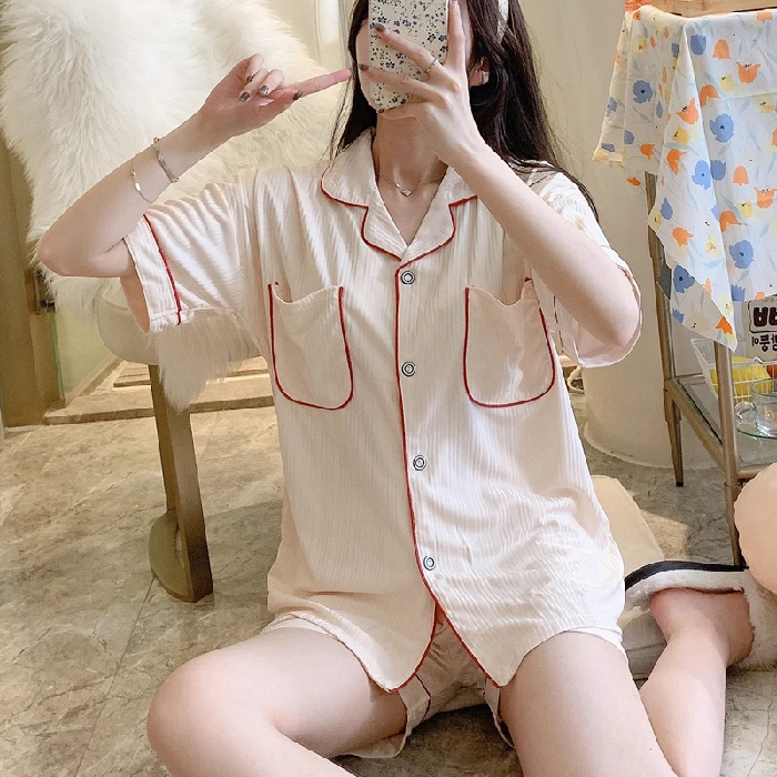 CAIYIER New Sleepwear Women Set Summer Short Sleeve Shorts Turn-down Collar Pajamas Simple Pure Color Girl Cotton Leisure Wear