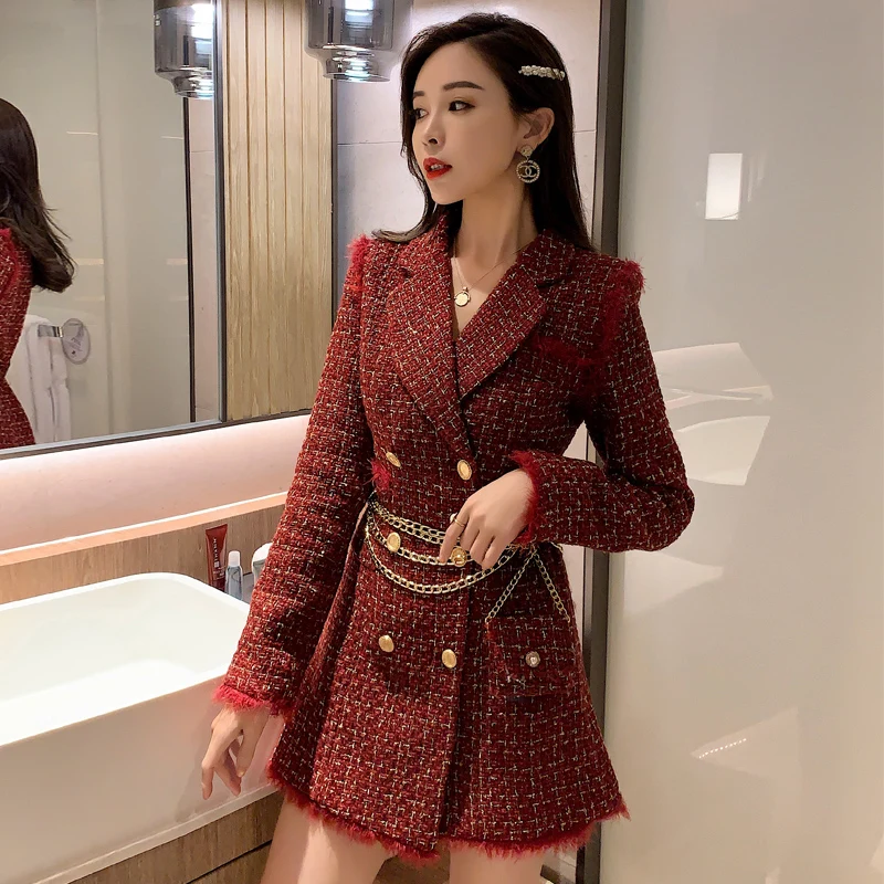 Женский твидовый блейзер в красную клетку золотистый двубортный пиджак плотный