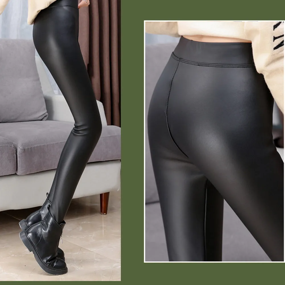 Горячие женщины PU кожаный корсет леггинсы толстые плюшевые стрейч брюки длинные