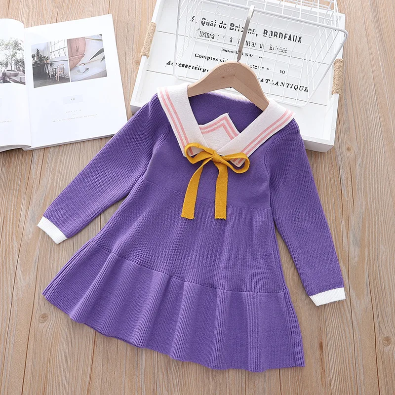 

Autumn Winter Girls Knitted Dress Navy Collar Letter Princess Dresses 2-6 Years Baby Girl Casual Clothes Fashion vestidos
