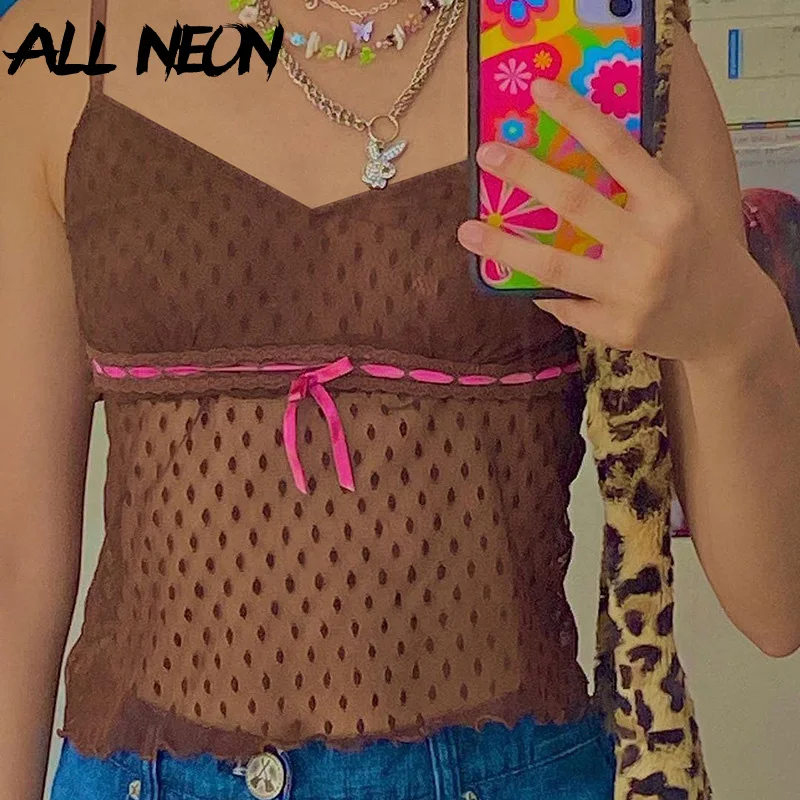 

ALLNeon Y2K Vintage Drawstring Patchework Brown Crop Tops 90s Fashion V-neck Backless Dots Mesh Cami Top Cute Streetwear Summer