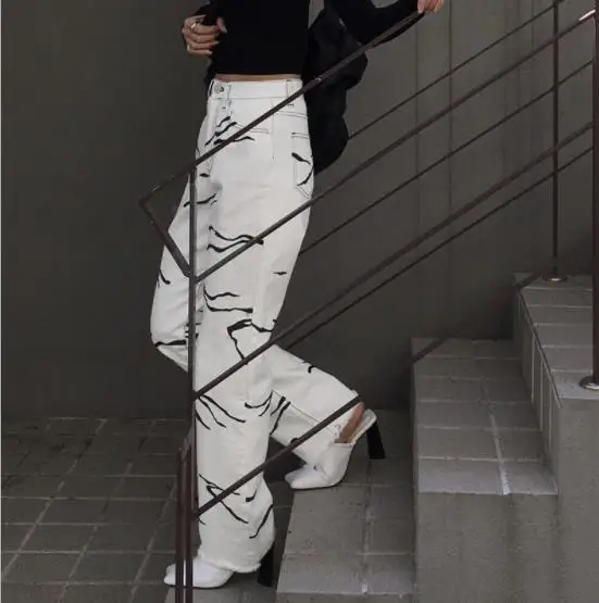 Джинсы женские прямые с принтом зебры карманами S M L лето 2021 | Женская одежда