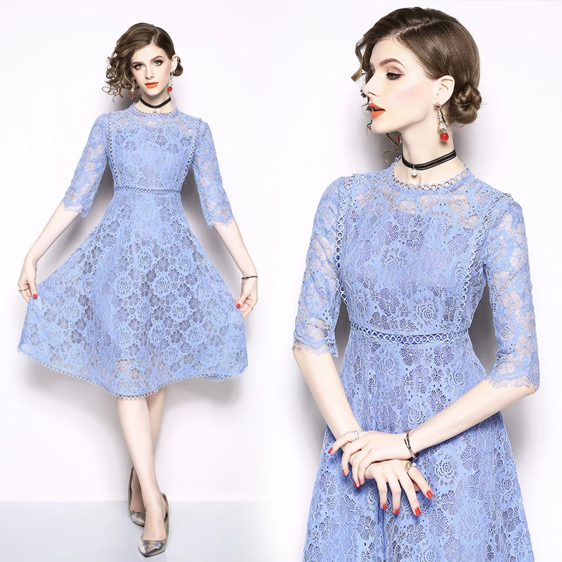 Платье-трапеция женское кружевное однотонное с круглым вырезом лето-осень |