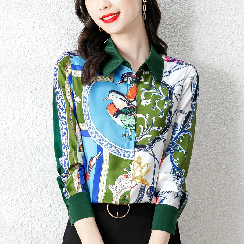 

Chiffon Women's Blouse Polo Shirt Summer Fashion Loose Casual Plus Size Long Sleeve Top Print Lady Houthion