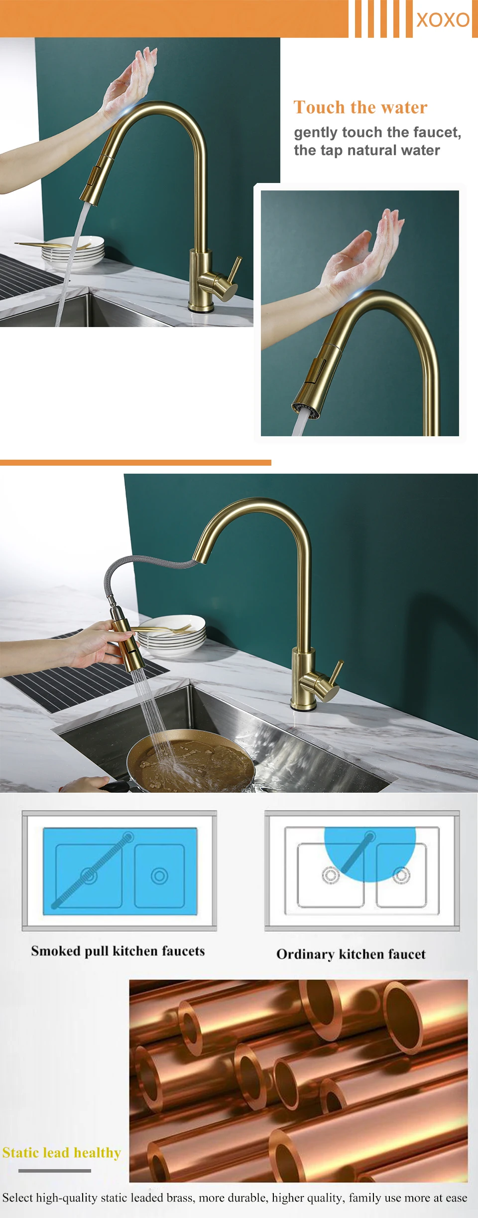 Кухонный кран, выдвижной, умный, сенсорный кран, холодный и горячий, матовый, золотой, torneira cozinha, на одно отверстие, смеситель для раковины, 1348-1