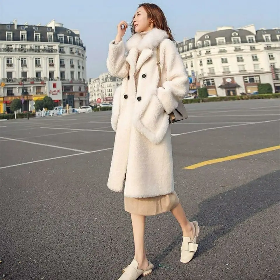 Women 2021 Winter Fashion Faux Lamb Fur Jackets Female Imitation Fur Long Coats Ladies Loose Casual Fur Collar Outwear P581