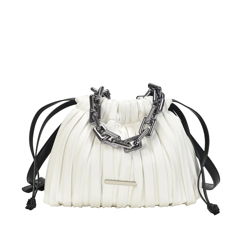 

Chain Small Metal PU Leather Drawstring Bucket Crossbody Bags For Women 2021 Folds Design Shoulder Handbags Cross Body