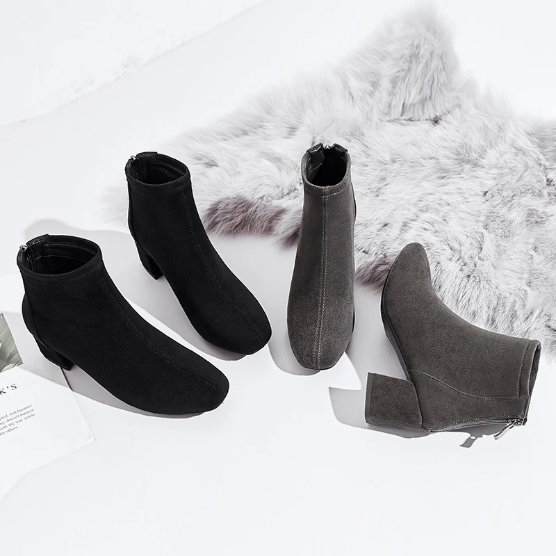 JK/ботильоны на высоком каблуке женские эластичные ботинки из флока женская обувь