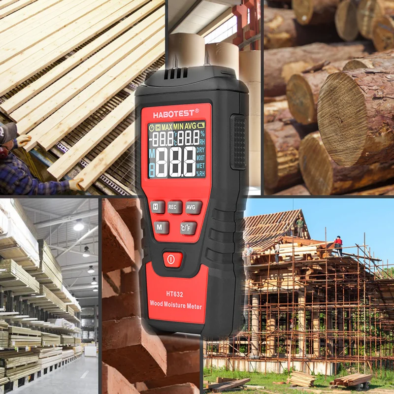 HABOTEST HT632 Digital Wood Moisture Meter Two Pins LCD Color Display Timber Damp Analyzer Material Hygrometer Temp Data Hold |