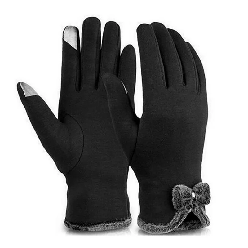 

Ladies Winter Windproof Warm Gloves Fleece Padded Lining Touch Screen Gloves Bowknot Five-fingers Short Gloves