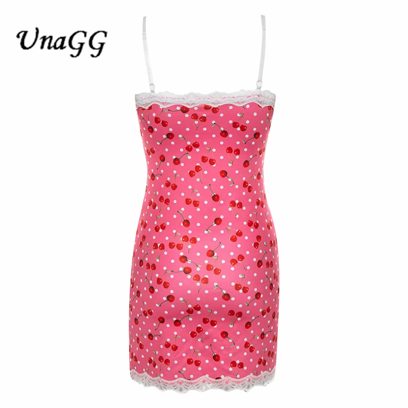 

UnaGG Women Lace Up Cherry Dot Print Sexy Dress Slip Cute Girl Pink Mini Vestidos Sleeveless V Neck Bodycon Femme Spaghetti Stra