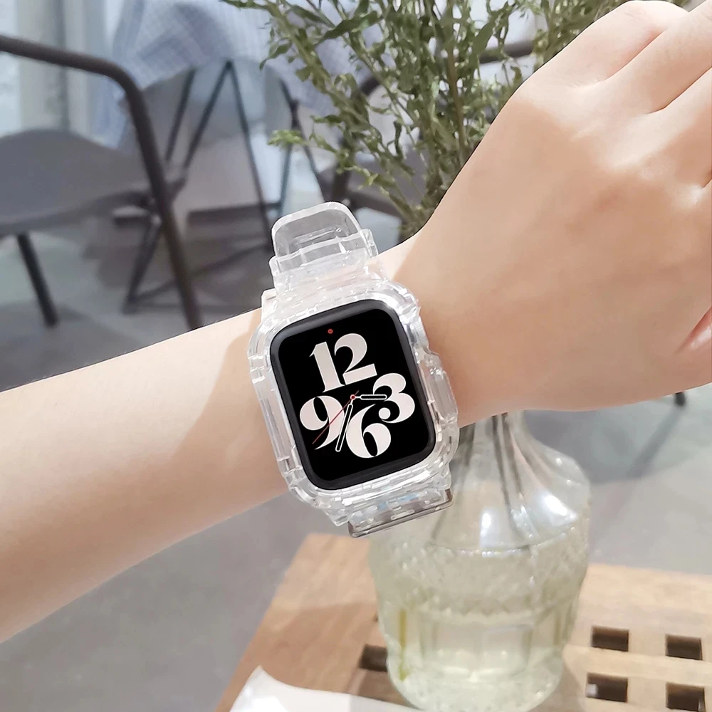 Soft Silicone Transparent Watch Band + Case  for apple Watch band 38mm 40mm 42mm 44mm Adapter Compatible series 6 Se 5 4 3 2 1