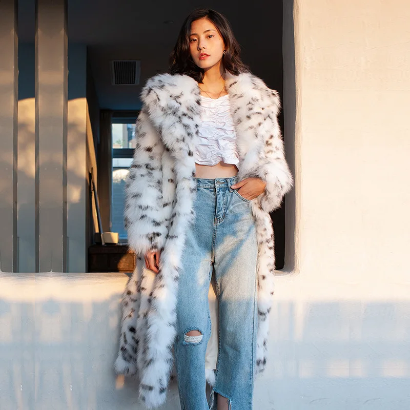 

New Leopard Fur Integrated Ladies Coat Long Suit Collar Imitation Fox Fur Coat Keeps Warm In Winter Woman Jacket Faux Fur Coat