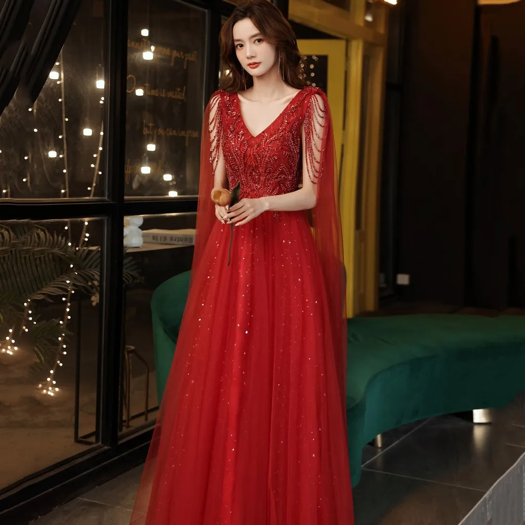 

Burgundy Sweet Sequined Mesh Dress Women Elegant V-Neck Slim Formal Party Dresses Exquisite Appliques Trim Long Banquet Gown