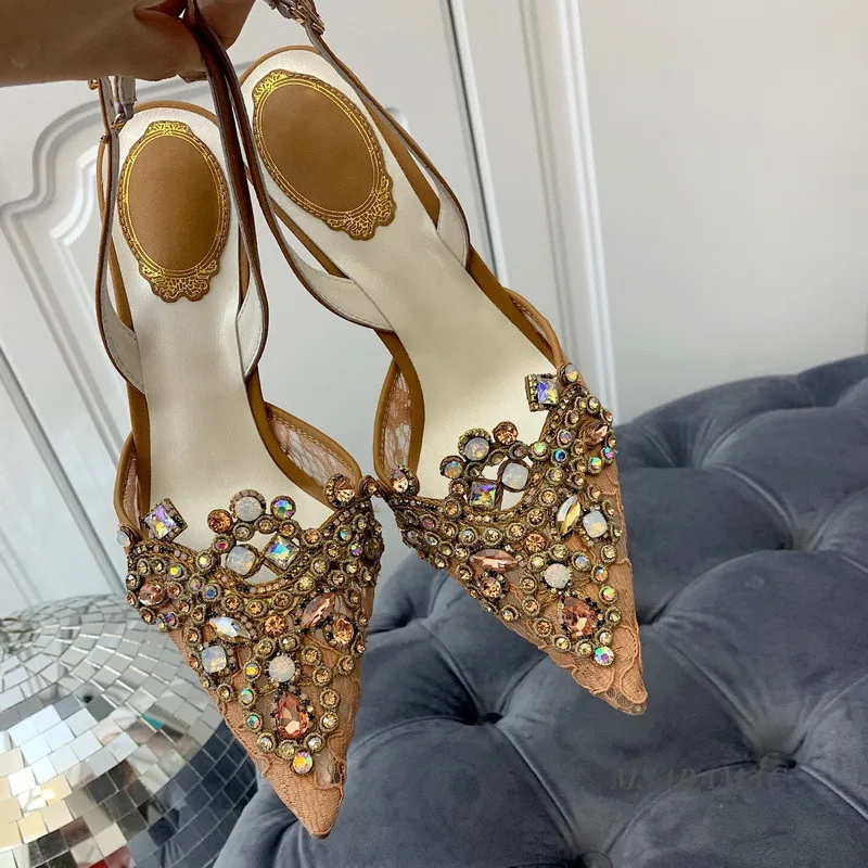 

Sexy golden lace shiny colorful crystal high heels all season leather pointed toe wedding shoes fashion ladies nightclub shoes