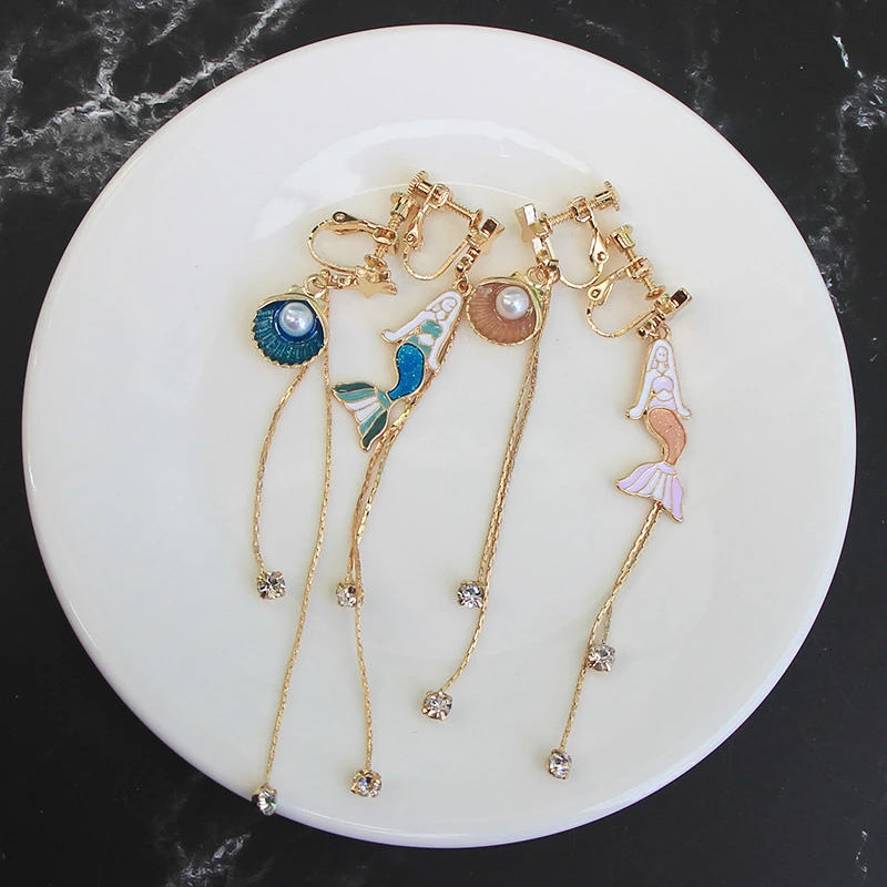 Женские серьги клипсы с длинной кисточкой и жемчугом асимметричная серьга