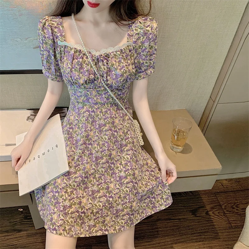 

Women Dresses Summer Small Square Collar Painting Broken Flower Bubble Sleeve Lace Above Knee, Mini Fashion Skirts for Women