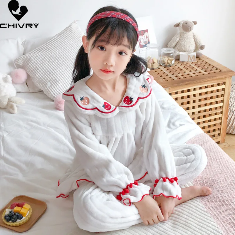 

New 2021 Kids Flannel Pajama Sets Baby Girls Autumn Winter Warm Home Wear Children Cute Lapel Long Sleeve Sleeping Clothing Sets
