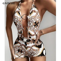 gnim sexy hollow out print bikini mujer 2020 summer one piece swimwear women with belt bandage brazilian swimsuit biquini new