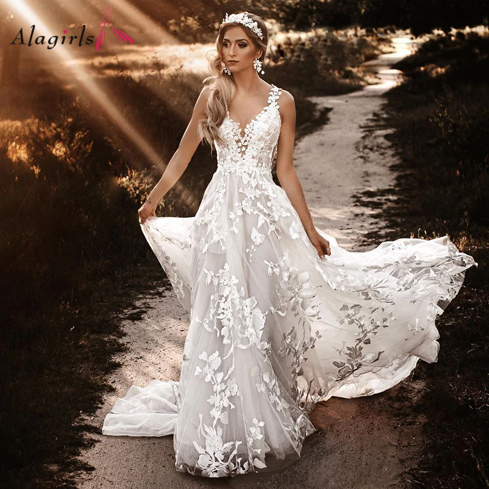 Женское Сетчатое свадебное платье с аппликацией романтичное со шлейфом в стиле