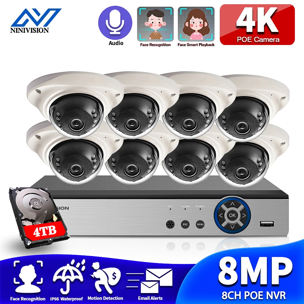 

8CH H.265 4K POE NVR Kit Face Detection CCTV System Vandalproof Indoor 8MP Dome IP Camera Audio P2P Video Security Surveillance