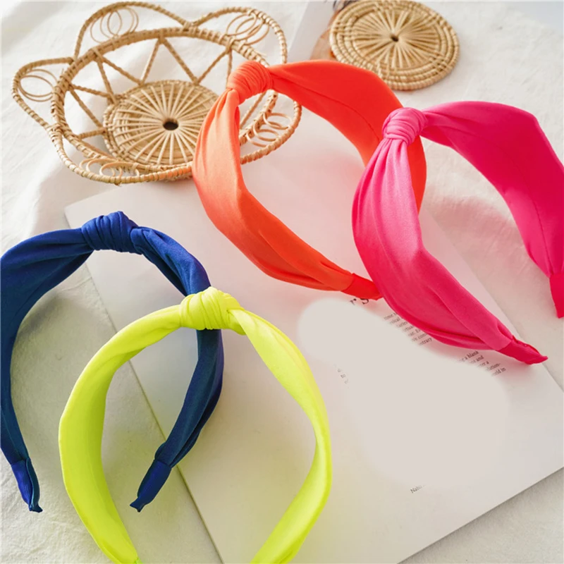 

Женский обруч для волос с узелком, однотонный флуоресцентный обруч с перекрёстными лентами, летний аксессуар для волос, 2020