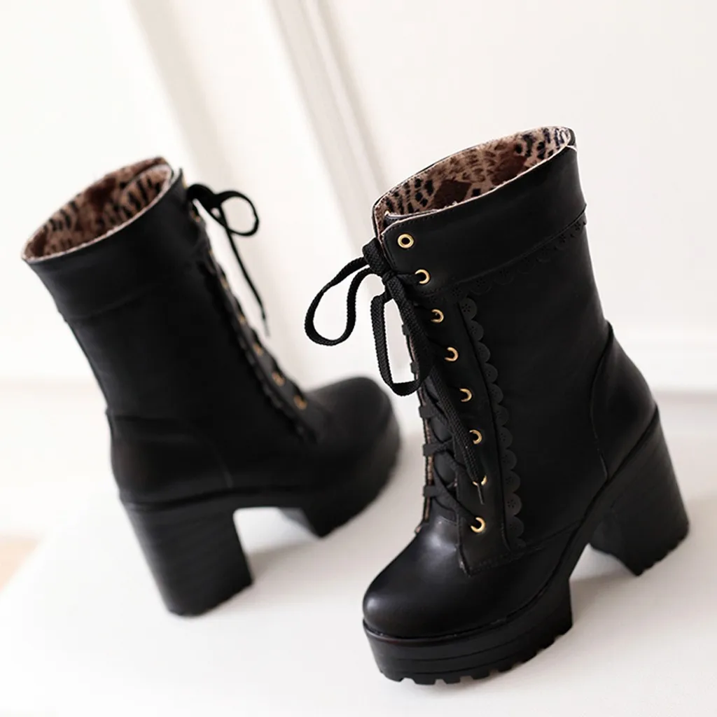 Женские ботинки на блочном каблуке из искусственной кожи платформе со шнуровкой