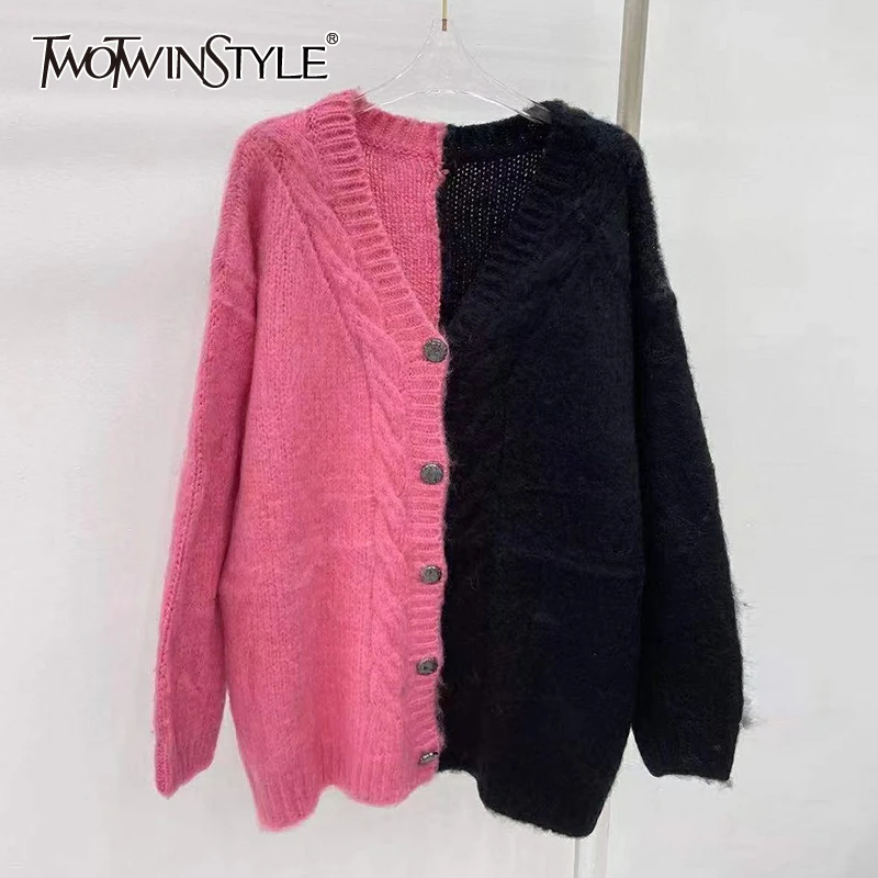 

TWOTWINSTYLE Casual Knitting Sweater For Women V Neck Loose Long Sleeve Colorblock Single Breasted Open Stitch Female 2021 Style