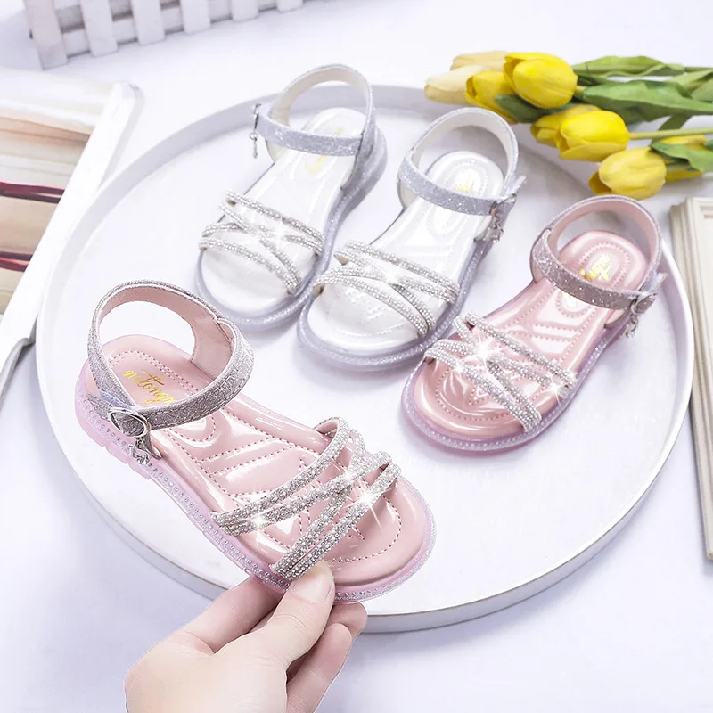 

Girls Sandals Summer New Girls Princess Shoes Fashion Kids Rhinestone Sandals Korean Version Soft-soled Children's Beach Shoes