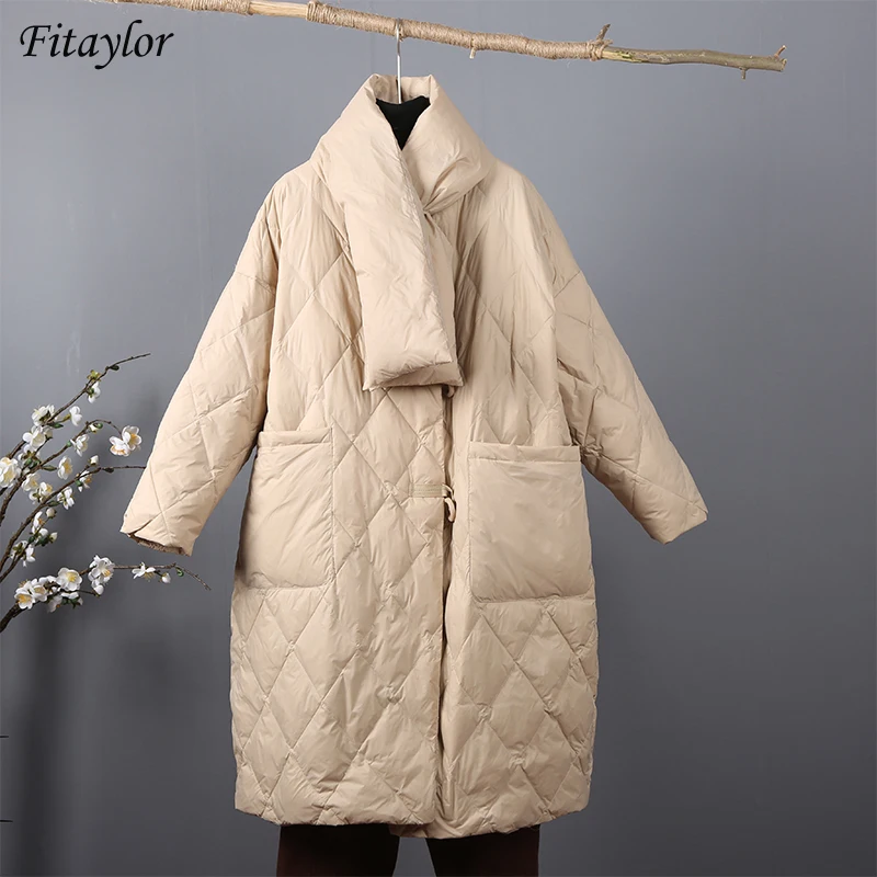 Fitaylor 2022 New Winter Women Feather Coat White Duck Down Jacket Female Casual Long Parkas Warm Loose Snow Outwear with Scarf | Женская