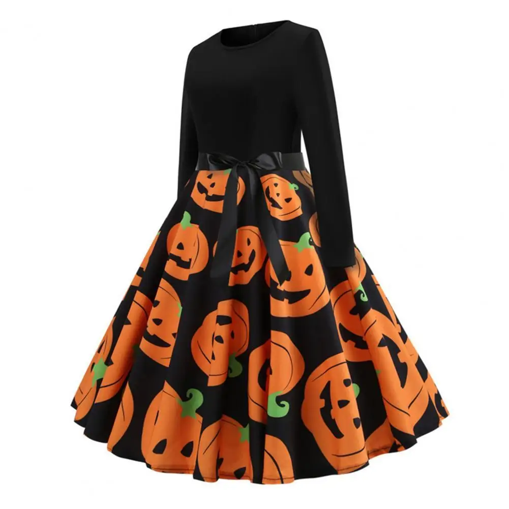 

Halloween Dress Lady O Neck Bowknot Bat Loose Hem Lady Dress for Halloween