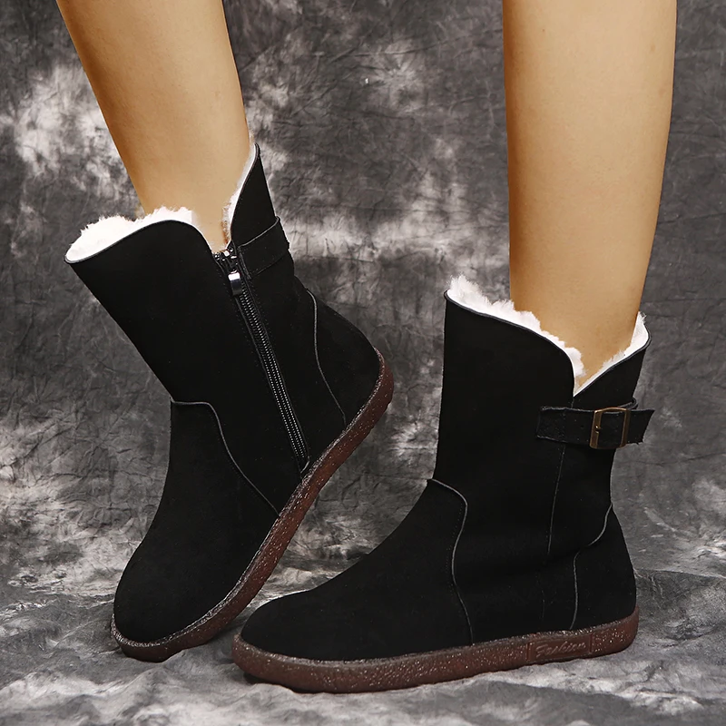 

Winter Plus Velvet Snow Boots Women 2021 New Mid-tube Warm Cotton Shoes Comfortable Suede Flat Heel Buckle Martin Boots