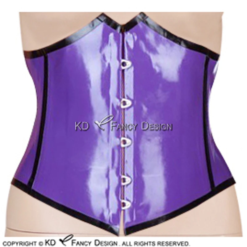 

Purple And Black Trims Sexy Latex Corsets With Buckles Front Lacing At Back Rubber Bustiers Top Clothing CY-0006