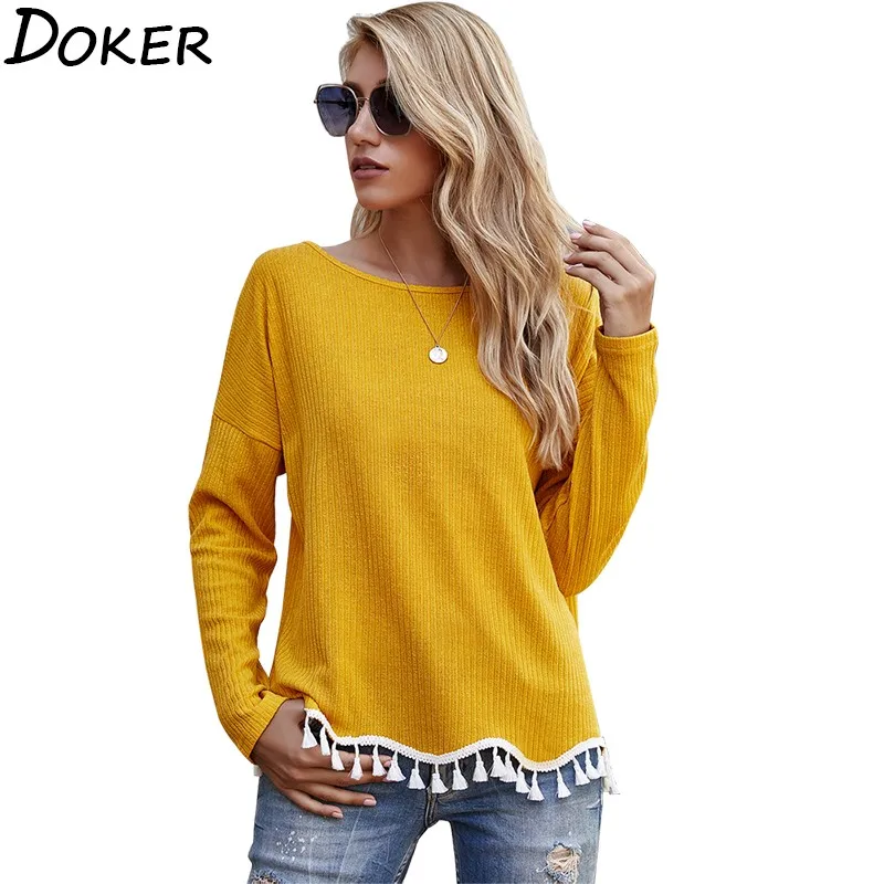 Женская Однотонная футболка с длинным рукавом и круглым вырезом|Футболки| |