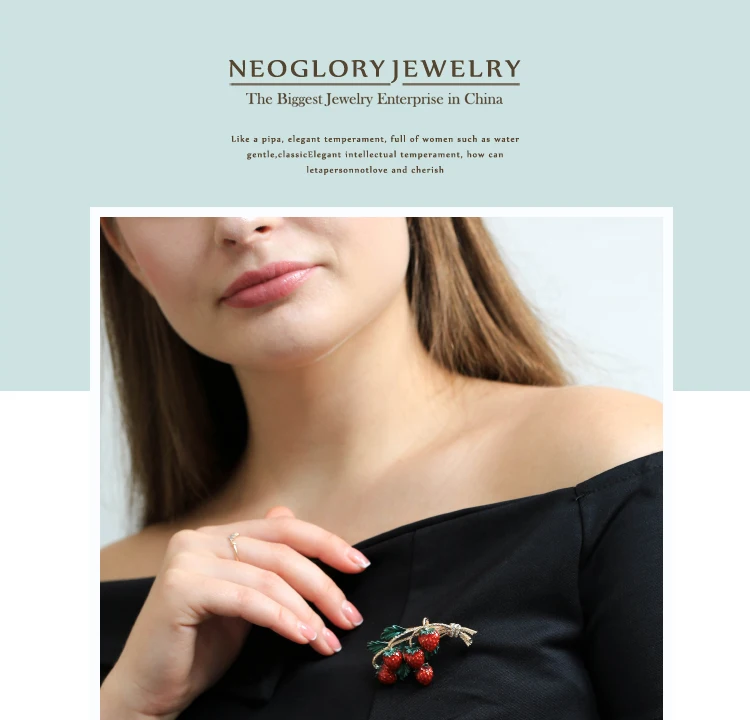 Neoglory Винтаж Кристалл Клубника Шпилька с растением клип-Броши для женщин большой Элегантный тренд ювелирные изделия для вечерние подарок