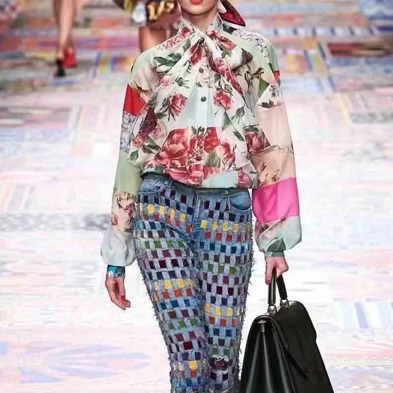 

Silk Shirt Women 2021 Autumn Scarf Collar Bow Tie Floral Print Patchwork Blouses High Quality Long Sleeve Shirt Lady