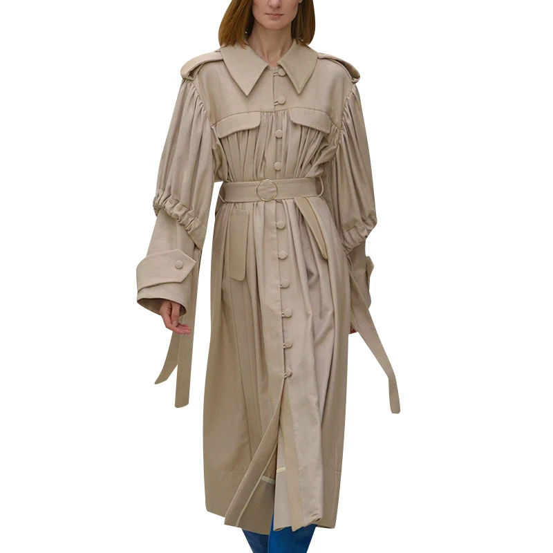 TWOTWINSTYLE, корейские женские пальто из искусственной кожи, воротник с лацканами, пышные рукава, высокая талия, на шнуровке, Женское пальто,, осенняя мода, новинка