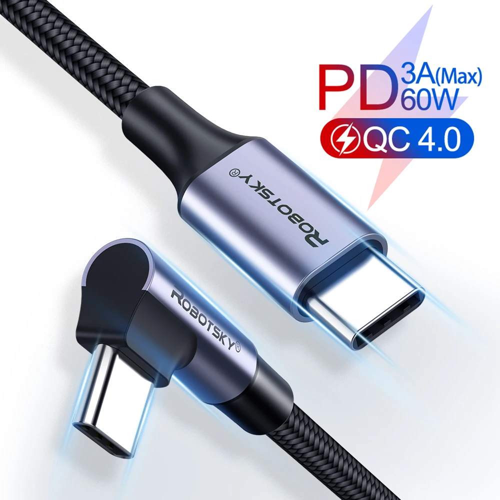 

60W USB C To USB Type C Cable 90 Degree USB C PD Fast Charger Data Cord USB-C Type c Cable For Huawei Xiaomi Samsung S20 Macbook
