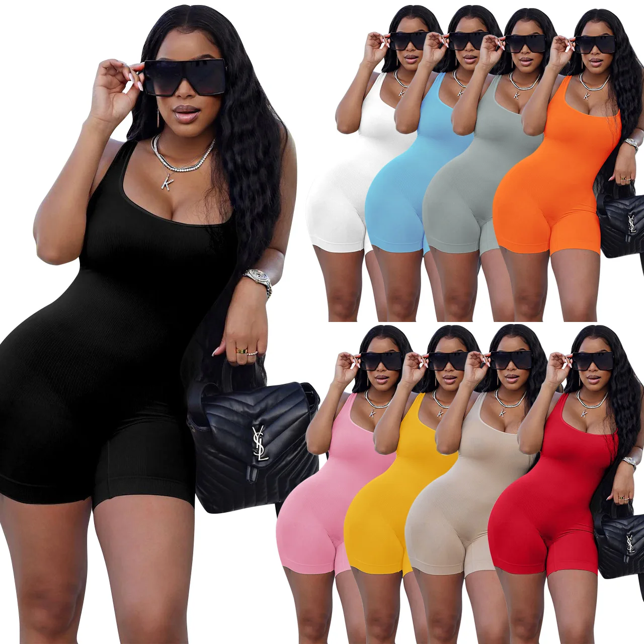 

Fitness Women Rompers Knitted Ribbed Solid Skinny Biker Playsuit 2021 Summer Sleeveless Sexy Club Party Outfits Active Sportwear